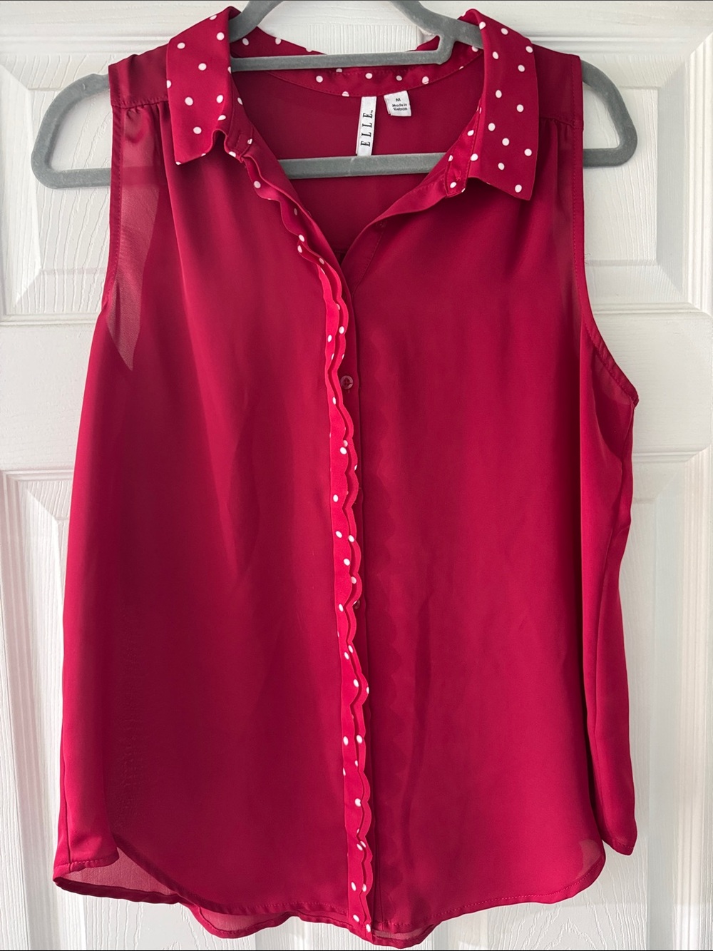 Elle Fuchsia Polka Dot-Trim Sleeveless Blouse